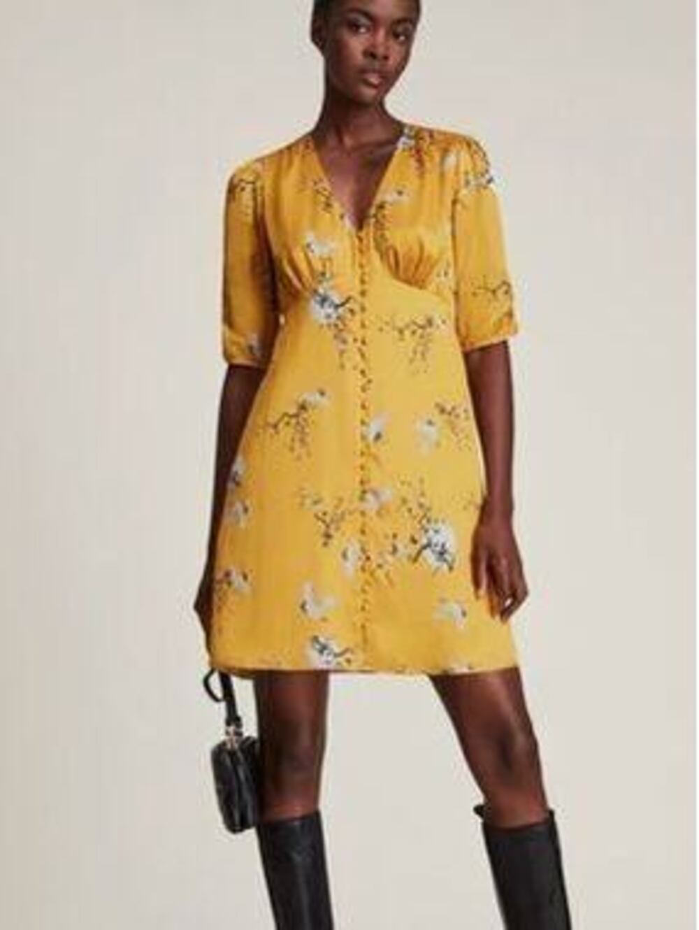 AllSaints Kota Aurora Mini Dress Ochre Yellow Crane Floral Size 8 Designer Satin